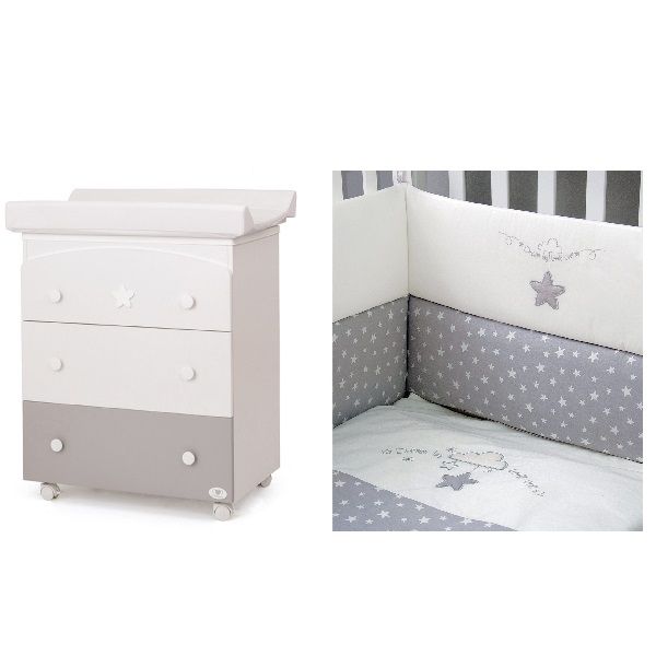 Cameretta Mio Colors Grigio con set Tessile, materasso e lenzuolo - Cuoricini