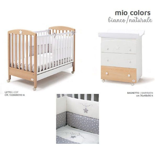 Cameretta Mio Colors Naturale con set Tessile, materasso e lenzuolo - Cuoricini