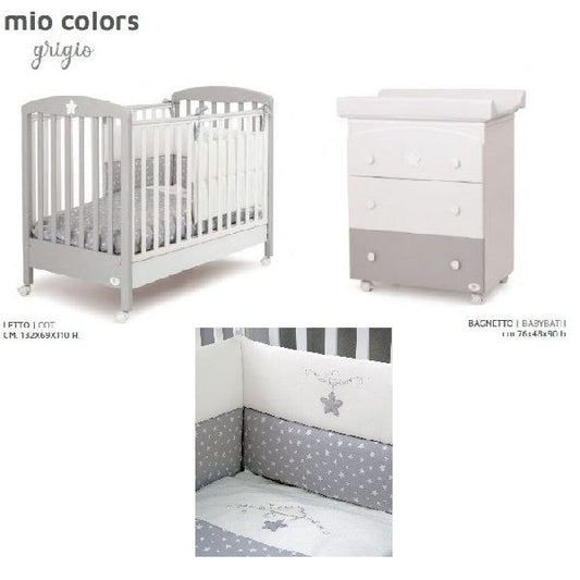 Cameretta Mio Colors Grigio con set Tessile, materasso e lenzuolo - Cuoricini